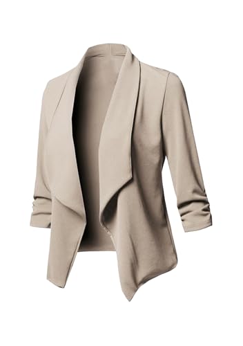 BOFETA Women Solid Color Open Front Cardigan Lapel Collar Long Sleeve Blazer Pleated Casual Slim Jackets