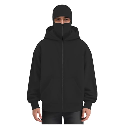 Men's Balaclava Hoodie with Face Mask Double Layer Hooded Sweatshirt Wind Resistant Winter Zip Up Jacket Ski Hoodies Work Hoodies with Face Mask Black XL