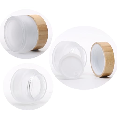2 Pack 100ml Frosted Glass Cream Jars with Bamboo lids,Wide Mouth Makeup Sample Storage Pot Dispenser Bottles for travel Jars Face Eye Shadow (100g)3