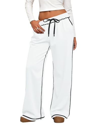 LUYAA Wide Leg Sweatpants Women Baggy Low Rise White Sweat Pants for Women with Pockets Lounge 2025 Fall Fashion M