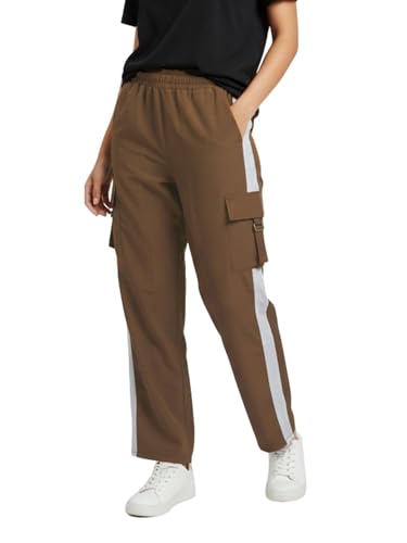 Image of ADDYVERO Women Lose Fitting Side Pockets Stripes Detailing High Waisted Casual Cargo Pant (Light Brown, 34)