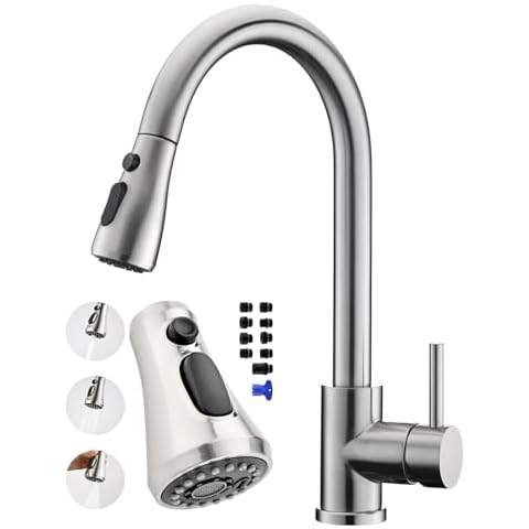 Kitchen Faucet for Sinks, VFauosit Pull Down Brushed Nickel Stainless Steel Single Hole or 3 Holes Kitchen Faucets with Pull Down Sprayer for RV Farmhouse Campe with Replace Sprayer Head Settings Cover