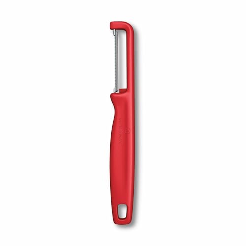 Image of Victorinox Swiss Made Stainless Steel Swiss Classic Iota Peeler, Serrated Double-Edge Peeler for Professional and Household Kitchen, Red, Soft Skin Fruit & Vegetable Peeler | 6.0943.1