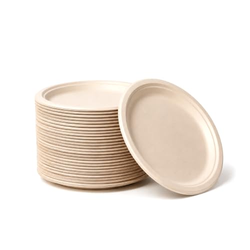 Image of Bonkaso 9 Inch, Pack of 50 Bagasse Disposable Round Plates (Beige)| Eco-Friendly Sugarcane Paper Plates | Biodegradable, Compostable & Sturdy | Ideal for Snacks, Desserts, Parties, Weddings & Events
