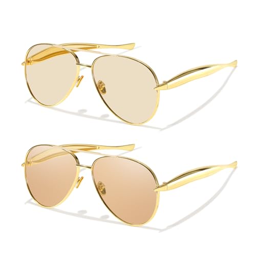 HASFOX® 2 Pack Retro Gold Aviator Sunglasses for Women Men 2025 Metal Oversized Shades 70s Trendy Designer UV400 Sun Glasses