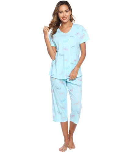 Image of ENJOYNIGHT Womens Pajama Sets Cotton Pj Set Short Sleeve Top With Capri Pants Sleepwear 2 Piece Lounge Set
