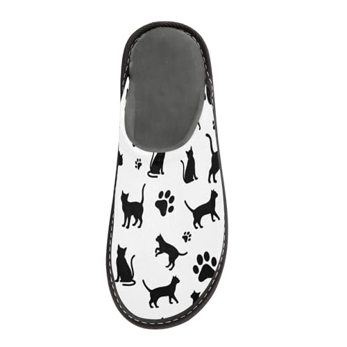ODAWA Black Cat Paw Prints White Memory Foam House Shoe Slippers for Elderly Women, Slip On House Shoes for Women Size 4-53