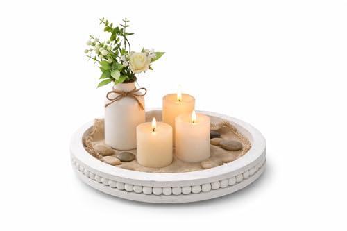 RayNab Farmhouse Round Wooden Beaded Tray – 12" Whitewashed Rustic