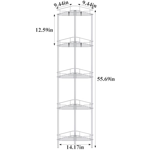 Image of HuggieGems 5 Tier Floor Standing Corner Shower Caddy Organizer Shelf with Hooks, Bathroom Shelves Stand Rack, Silver