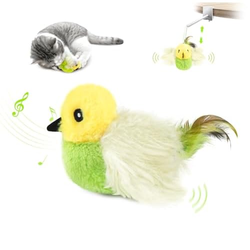 Migipaws Jouet interactif électrique pour Chat – Jouet en Peluche pour Chaton – Réels battements et gazouillements comme Un Oiseau – Rechargeable – avec Herbe à Chat – Vert