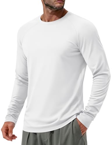 MAGCOMSEN Long Sleeve T Shirt Mens UPF 50+ Sun UV Protection Tops Quick Dry Moisture Wicking Lightweight Breathable Rash Guard,White,M