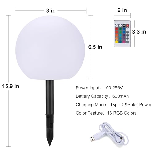 8 Inch Ball Light, Outdoor Glow Globe Light with Remote Control, LED Solar Gazing Ball Night Light 10 Modes RGB Color Changing, Waterproof Solar Globe for Garden Yard Pathway Decor