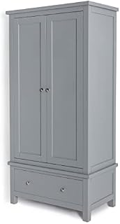 RoselandFurniture Cornish Grey Painted Double Wardrobe with Storage Drawer Contemporary Solid Wooden 2 Door Gents Closet Unit for Bedroom with Hanging Rail