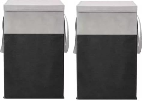Image of Non Woven Printed Rectangular Foldable Laundry Bag | Lid And Handle Clothes Storage Organiser For Bedroom Dorm Closet Utility Container | 75L Laundry Basket Pack Of 2 | Black Grey