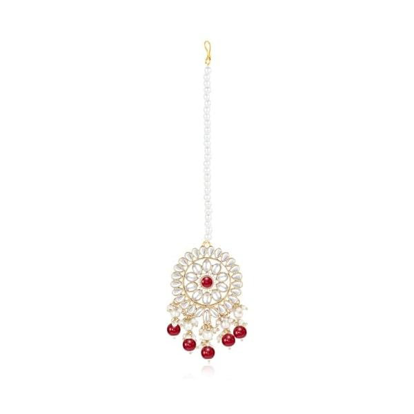 Peora Gold Plated Maroon Kundan & Beads Studded Choker Necklace Dangle Earrings & Maangtikka Set Ethnic Jewellery for Women - Image 6