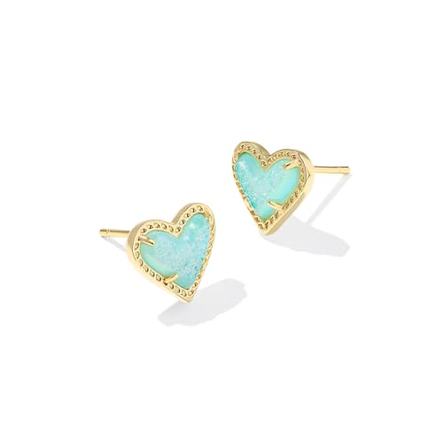 Kendra Scott Ari Heart Stud Earrings, 14k Gold-Plated Brass, Fashion Jewelry for Women, Bright Aqua Drusy