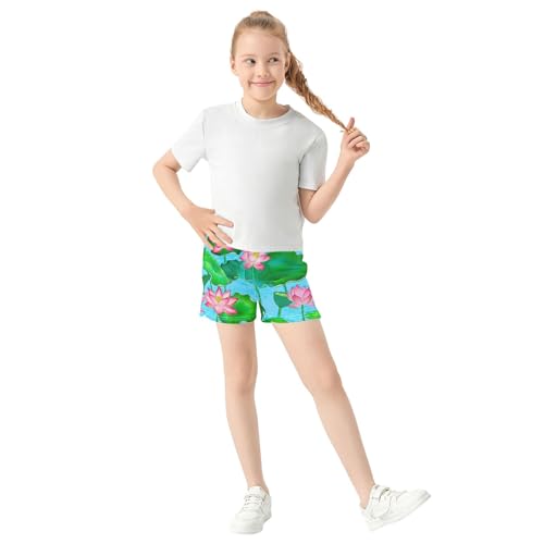 Girls Athletic Shorts Vibrant Pink Lotus Green Leaves Cute Floral Summer Comfy Pajama Shorts Kids Teens, X-Small2