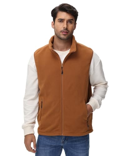 JIHUILAI Brown Men's Outerwear Vests Polar Fleece Mens Outdoor Vest Zip Up Sleeveless Jacket for Hiking Running Travel Golf Vest with Zipper Pockets XL