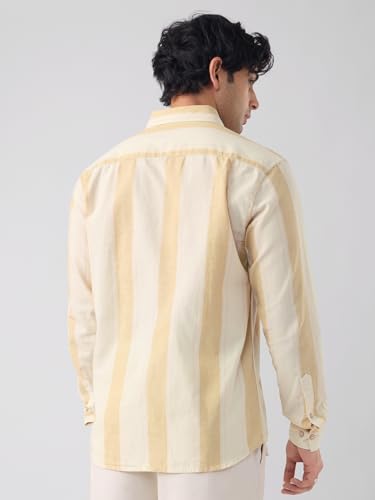 Image of The Souled Store Cotton Linen Stripes: Apricot Men and Boys Long Sleeves Collared Neck Orange Stripes Regular Fit Lightweight Comfortable Summer Cotton Linen Shirts