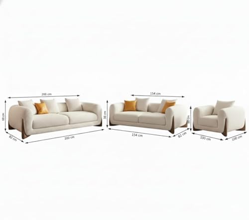 Image of Modern Sofa Chesterfield Design with Stylish Wooden Legs Bouncy Teddy Fabric Off-White Finish Sofa for Living Room, Bedroom, Hallways (3+2+1 Seater)