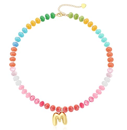 Initial Necklaces for Women, Beaded Necklaces for Women with Bubble Necklace Letter Stocking Stuffers for Teens Trendy Stuff Colorful Gemstone Choker 14k Gold Letter A-Z Pendant Summer Beach Christmas Birthday Jewelry for Her Girlfriend Sister