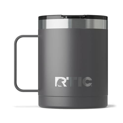 RTIC 12oz Essential Coffee Mug with Lid and Handle, Insulated, Stainless Steel, Metal, Double Wall Vacuum-Insulation, Ceramic Lined, Portable, Travel Cup for Hot and Cold Drink, Graphite