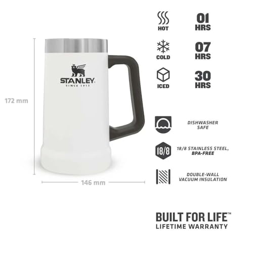STANLEY 1913 Adventure Vacuum Beer Stein 0.7L - Travel Mug Keeps Drinks Cold for 7 Hours - Stainless Steel Thermal Cup with Handle - Dishwasher Safe - Polar White