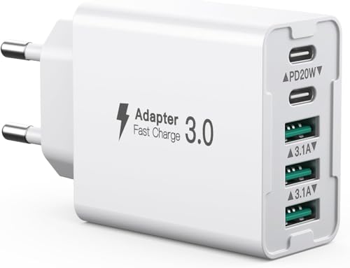 Cargador USB Múltiple 5 Puertos 65W – Carga Rápida PD20W + QC3.0, Diseño Compacto y Ligero, Compatible con iPhone 16/15/14/13/12/11, Samsung Galaxy S24/S23, iPad y Más