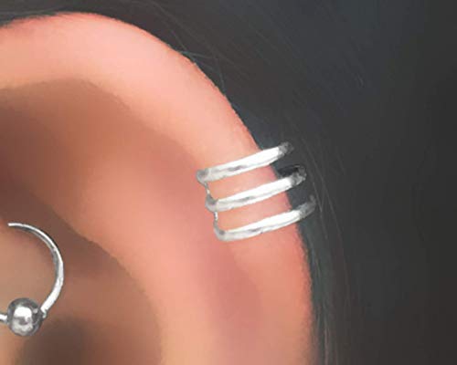 Handmade Silver 2Pcs Ear Cuffs Non-Piercing Earrings, 925 Sterling Silver, Fake Cartilage Helix Non-Pierced Ear Clip on for Women, Tiny Triple Band & Wide Band Ear Wraps, By Miya Jewelry
