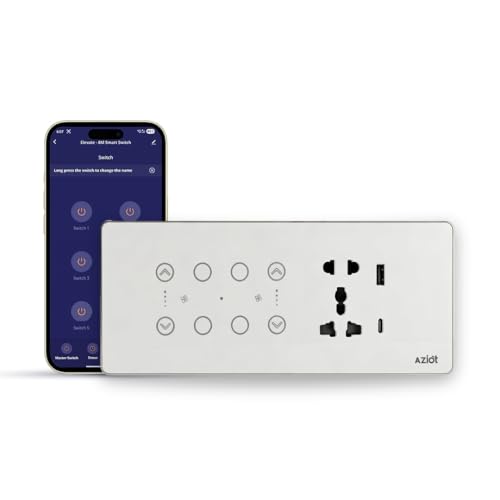 Image of AZIOT Smart Premium Toughened Glass Touch Switch Panel | Elevate 8 Module (4 Switch + 2 Fan + Socket) | WiFi + BLE | No Hub Required | Compatible with Alexa, Google Assistant & Siri | White