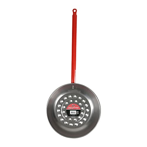 RUECAB - Poêle à châtaignes en acier - Poêle perforée pour garantir une cuisson parfaite des châtaignes - Ø 28,5cm - Longueur: 68cm - Poids: 0.5kg - Longueur du manche: 30cm - Couleur manche: rouge Cover