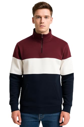 Men's Premium Quarter Zip Sweatshirt - Long Sleeve Pullover Cotton Blend Jumper Sizes S-3XL (UK, Alpha, XL, Regular, Regular, Burgundy/White/Navy)