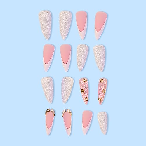 Image of Flower Press on Nails White French Tip Fake Nails Long Stiletto False Nails with Rhinestone Design Nude Glue on Nail Glossy Artificial Acrylic Full Cover Glitter Stick on Nail for Women Manicure