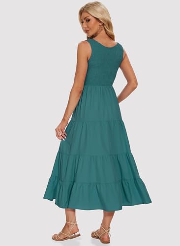 Image of Women's Summer Smocked Maxi Dresses Sleeveless U Neck Ruffle Hem Tiered A Line Flowy Dress