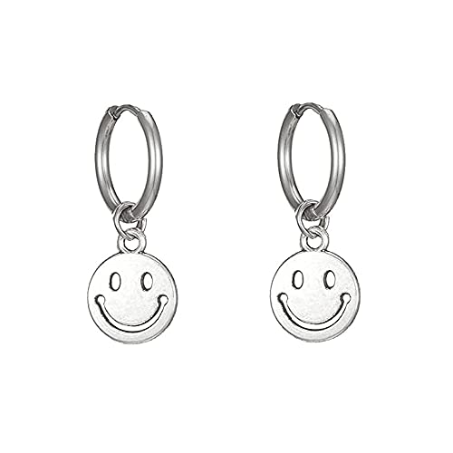 Petites boucles d'oreilles créoles rondes en acier inoxydable avec motif smiley - Pour femme et fille - Bijoux hypoallergéniques Cover
