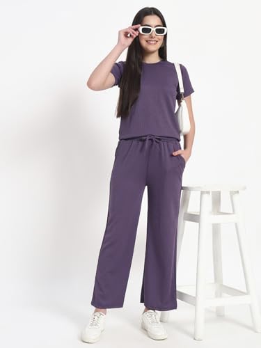 Image of Vogaan Women's Summer 2 Piece Co-Ord Set for Women Casual Short Sleeve Crop Top Wide Leg Sweat Pants for Travel Vacation Outfits Lounge Sets