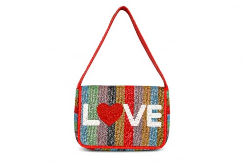 Handsewn Beaded Shoulder Bag for Women, Made in India Colorful Striped LOVE Red Heart Seed Bead Flap Handbag, Fashion Shoulder Purse for Party Dating Daily Travel