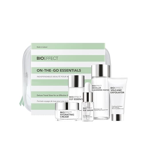 BIOEFFECT On-the-Go EGF Skincare Set | Age-Defying TRAVEL KIT with Growth Factor Serum Hydrating Cream Essence Toner Micellar Cleanser & Volcanic Exfoliator