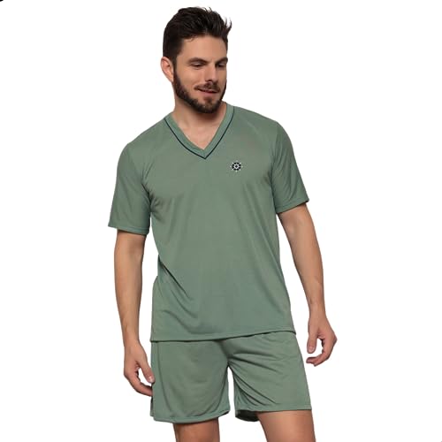 Pijama Masculino Curto Malha Fria Confortável Para O Verão (GG (48-50), VERDE)