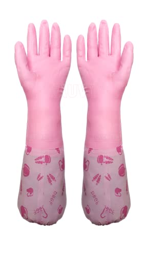 Image of Reusable Heavy Duty Hand gloves for Dishwashing, gardening, kitchen cleaning Non-Slippery & Durable Long Elbow Length(Inner cotton lining for comfort), 1 Pair (Fruit Pink)