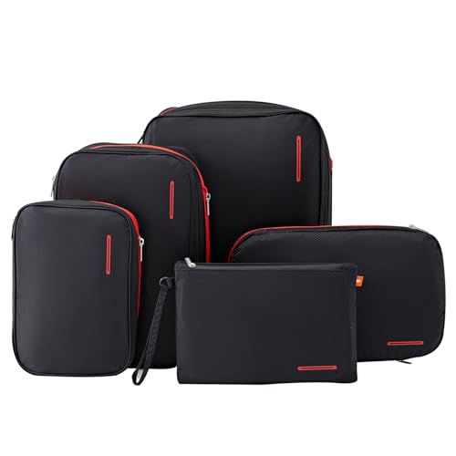 Bee Nesting BeeNesting Waterproof Compression Packing Cubes 5/6/8 sets, Large Travel Packing organizers for Carry on Luggage, 2 Sides Expandable Storage Bags (Black Red, G5set)