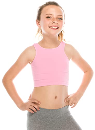 Kurve Premium Girls Seamless Supersoft Sleeveless Crop Tank Top - Stretchy Bra, UV UPF 50+ (Made in USA), Pink, 9 Years-14 Years