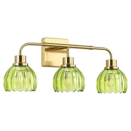 Image of Ralbay Vintage Bathroom Light Fixtures,Gold Bathroom Vanity Light,Matte Antique Brass Finish with Green Crystal Glass Shade,Wall Sconces Lighting for Bedroom,Living Room,Hallway(3-Light)