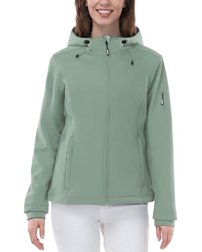 Outdoor Ventures Jacke Damen Wasserdichte Atmungsaktiv Softshelljacke - Übergangsjacke Winddichte Regenjacke Funktionsjacke mit Kapuze Eisgrün 3XL