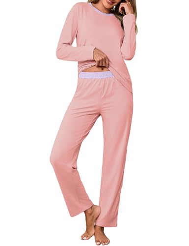 Crewhpo Pijamas Mujer Invierno Algodón de Color Liso Pijama Manga Larga Ropa de Dormir con Camiseta Cuello Redondo y Pantalones Largo 2 Piezas