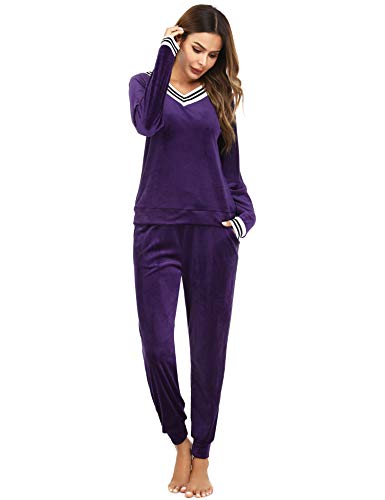 Irevial Women's Striped V Neck Velour Tracksuit Two Piece Sweatsuits Sets with Pocket3
