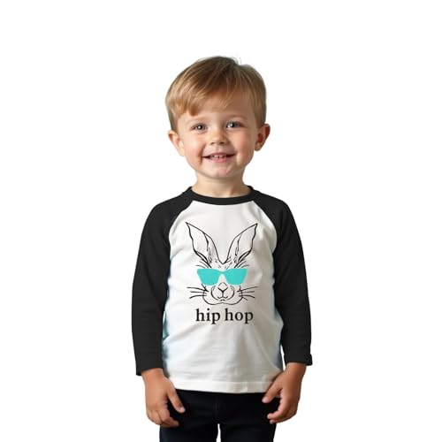 Toddler Baby Boys Easter Shirt Funny Hip Hop Bunny with Sunglasses T-Shirt Long Sleeve Easter Rabbit Graphic Top(Black,3-4T(110))