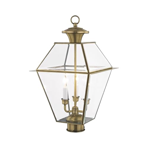 Image of Livex Lighting 2384-01 Westover 3-Light Outdoor Post Lantern, Antique Brass
