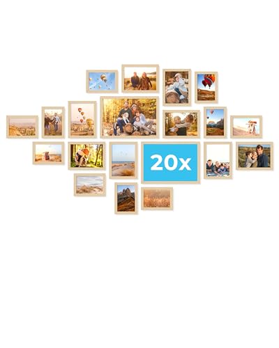 PHOTOLINI Lot de cadres tailles variées, collage mural de 20 cadres naturels, cadre photo en bois MDF à poser ou à accrocher, verre acrylique, formats photo 10x15, 13x18 et 21x30 cm