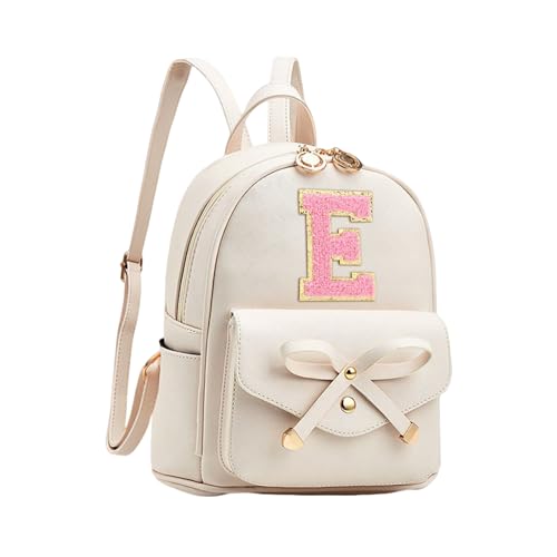 Image of Initial Cute Mini Backpack for Women, Bowknot Small Backpack Purse Personalized Letter Style Travel Leather Backpack Shoulder Bag, White (Letter E)